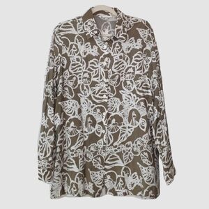 Tilley Tan & White Button Down Neutral Shirt Size L Long Line Tunic